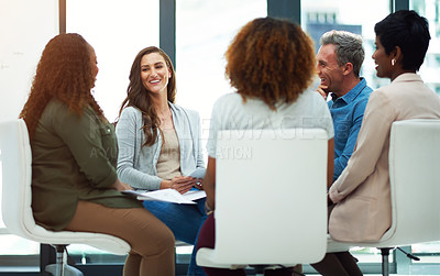 Buy stock photo Professional, workshop and business people in circle in office for teamwork, meeting and training. Discussion, corporate and men and women for collaboration, planning or communication for project