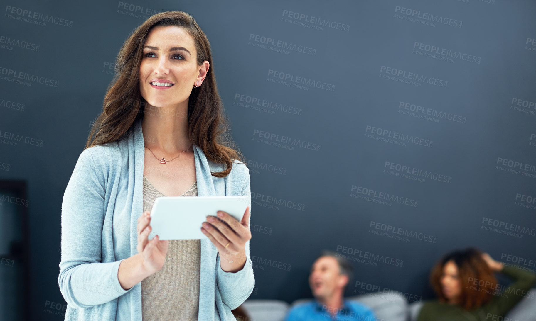 Buy stock photo Thinking, team and woman in office with tablet, space and career pride for startup growth. Vision, meeting and project manager in boardroom with tech, support and idea for small business development.