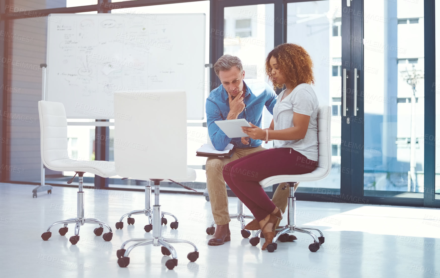 Buy stock photo Tablet, advisor and planning with business people in office for workshop schedule, teamwork and idea. Brainstorming, mentor and discussion with man and woman in creative agency for agenda checklist