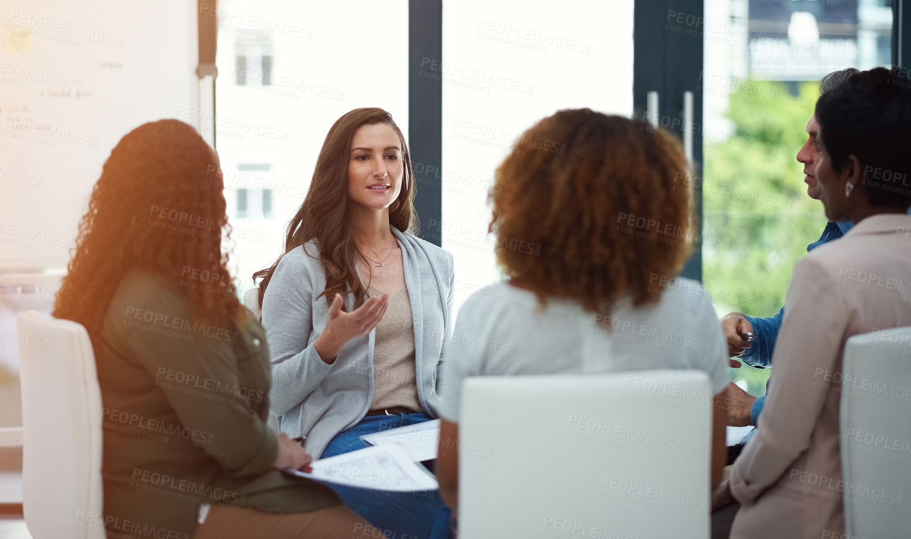 Buy stock photo Office, teamwork and business people with feedback for meeting, pitch and writers for publication. Collaboration, journalists and editor in newsroom for article information, discussion and review