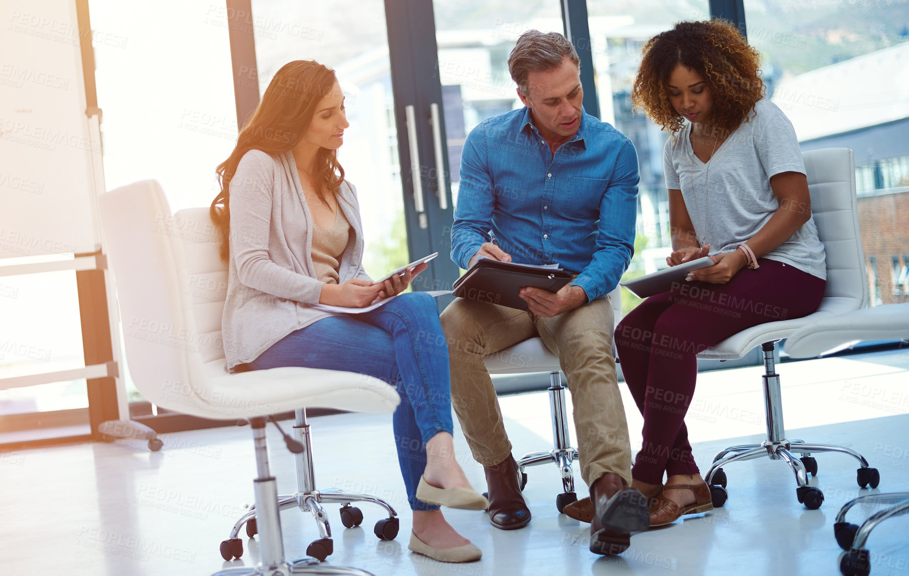 Buy stock photo Meeting, creative and people in office with tablet, discussion and planning for digital campaign. Strategy, collaboration and team in workplace with technology, ideas or solution in marketing agency.