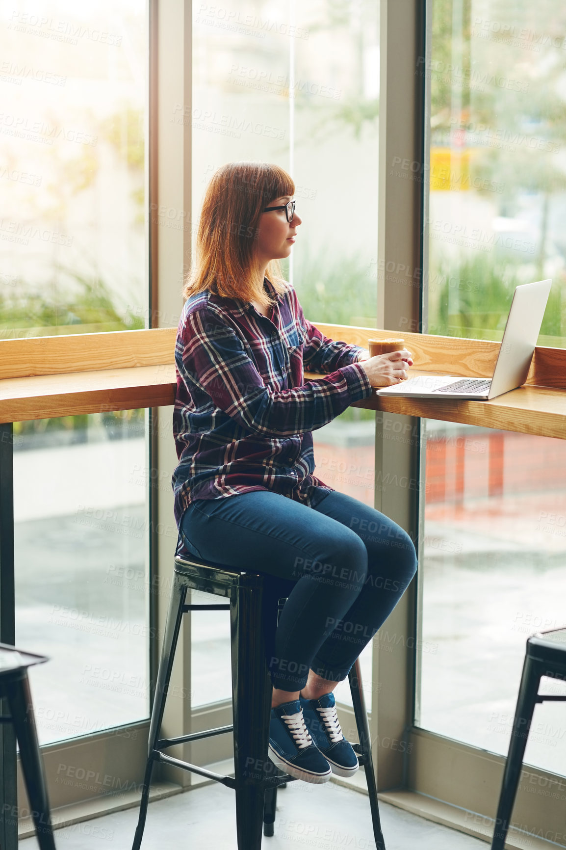 Buy stock photo Coffee, woman or thinking with laptop in cafe for remote work, article ideas or planning story angle. Latte, freelance journalist or thoughtful with tech in restaurant for blog inspiration or insight