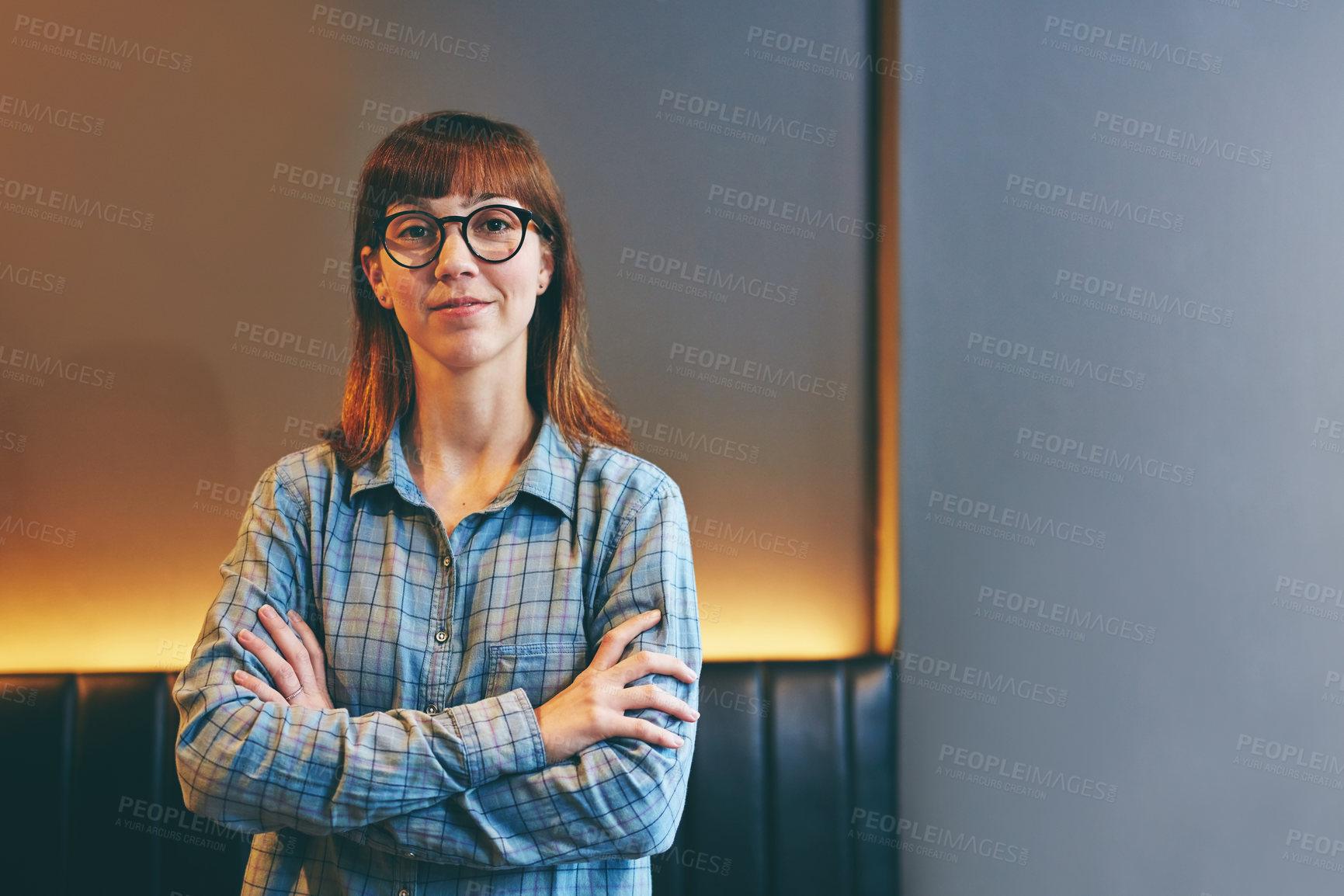 Buy stock photo Arms crossed, glasses and portrait with business woman in office for event organizer, startup and curator. Museum auctioneer, gallery director and confidence with female person in agency for pride