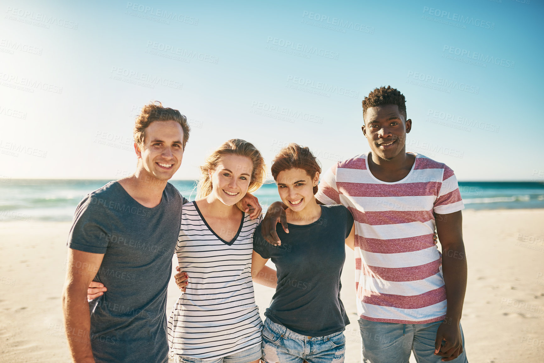 Buy stock photo Friends, portrait and happy on beach with diversity for vacation, travel and tropical adventure in Bali. Group of people, face and smile at holiday location for freedom, peace and journey by ocean