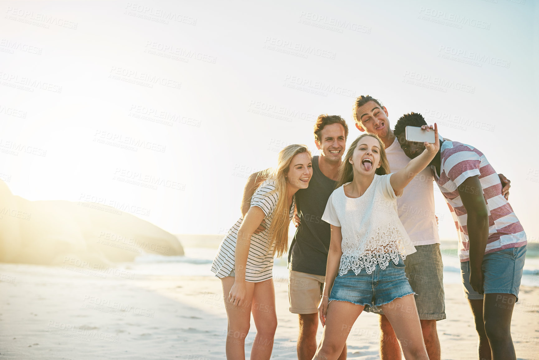 Buy stock photo Beach, holiday and friends in selfie together with funny face for social media post of excited adventure. Cool influencer or group of people in profile picture by sea for travel, weekend or vacation