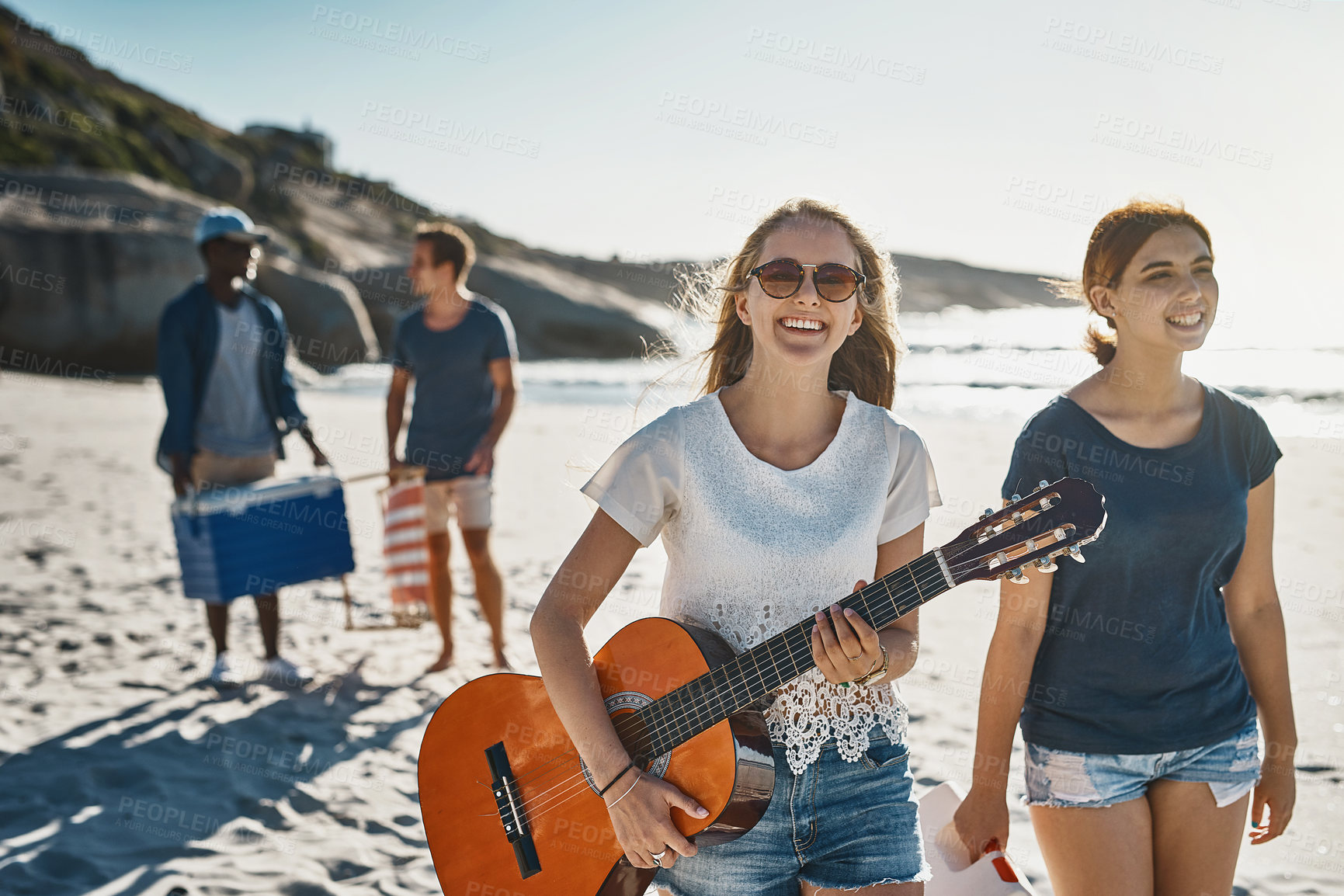 Buy stock photo Guitar, portrait and smile with friends on beach together for holiday, travel or vacation in summer. Instrument, music and picnic with group of happy people on tropical island coast for bonding