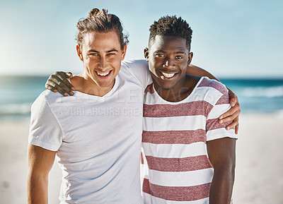 Buy stock photo Happy, friends and hug in portrait on beach in summer for vacation, holiday and bonding or recreation. Men, smile and embrace seaside excited for sunset, reunion and adventure or in bali for weekend