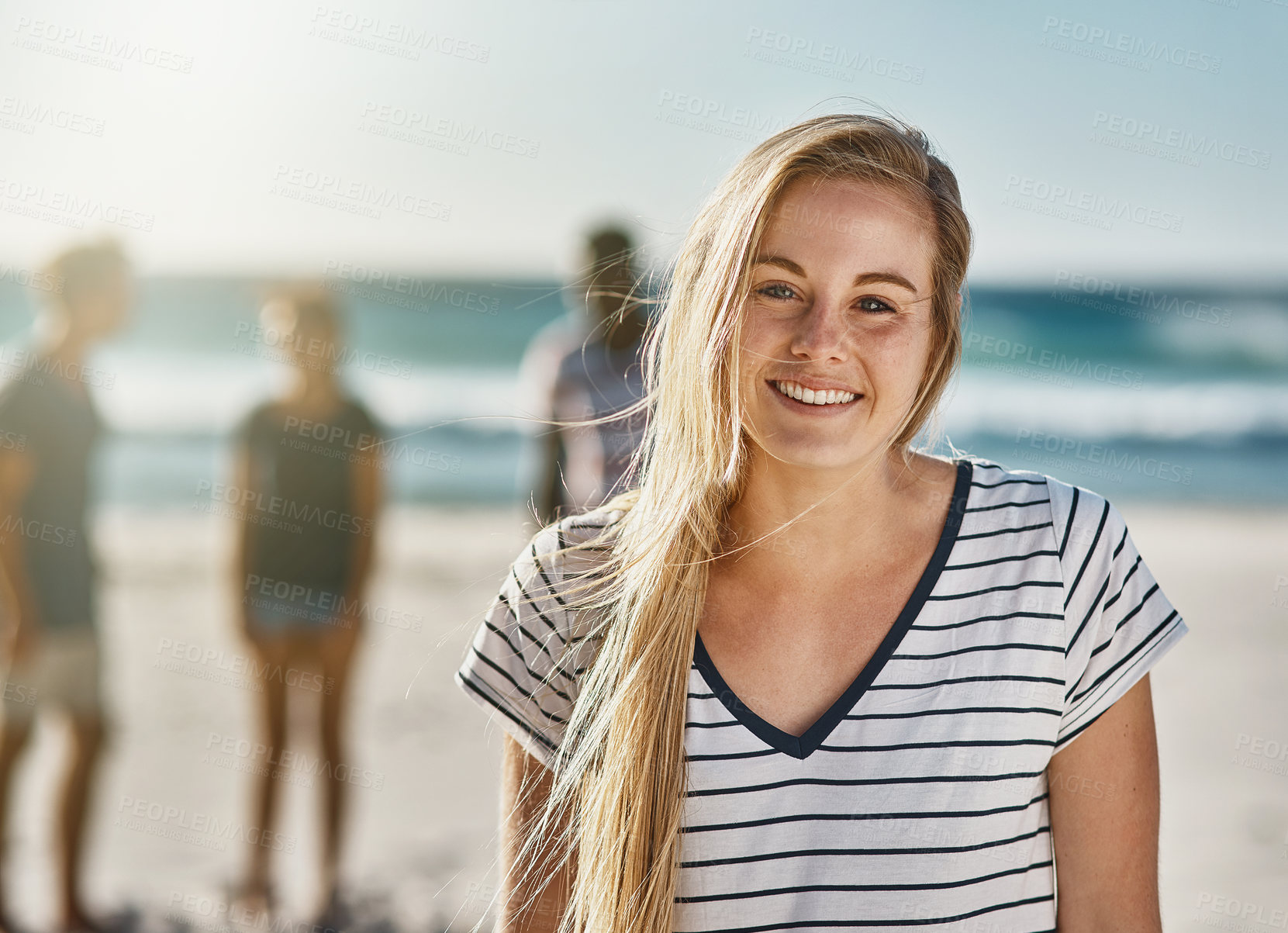 Buy stock photo Portrait, nature and woman on beach with friends for holiday, travel or vacation in summer together. Relax, smile and wellness with happy people on tropical island coast for bonding or picnic