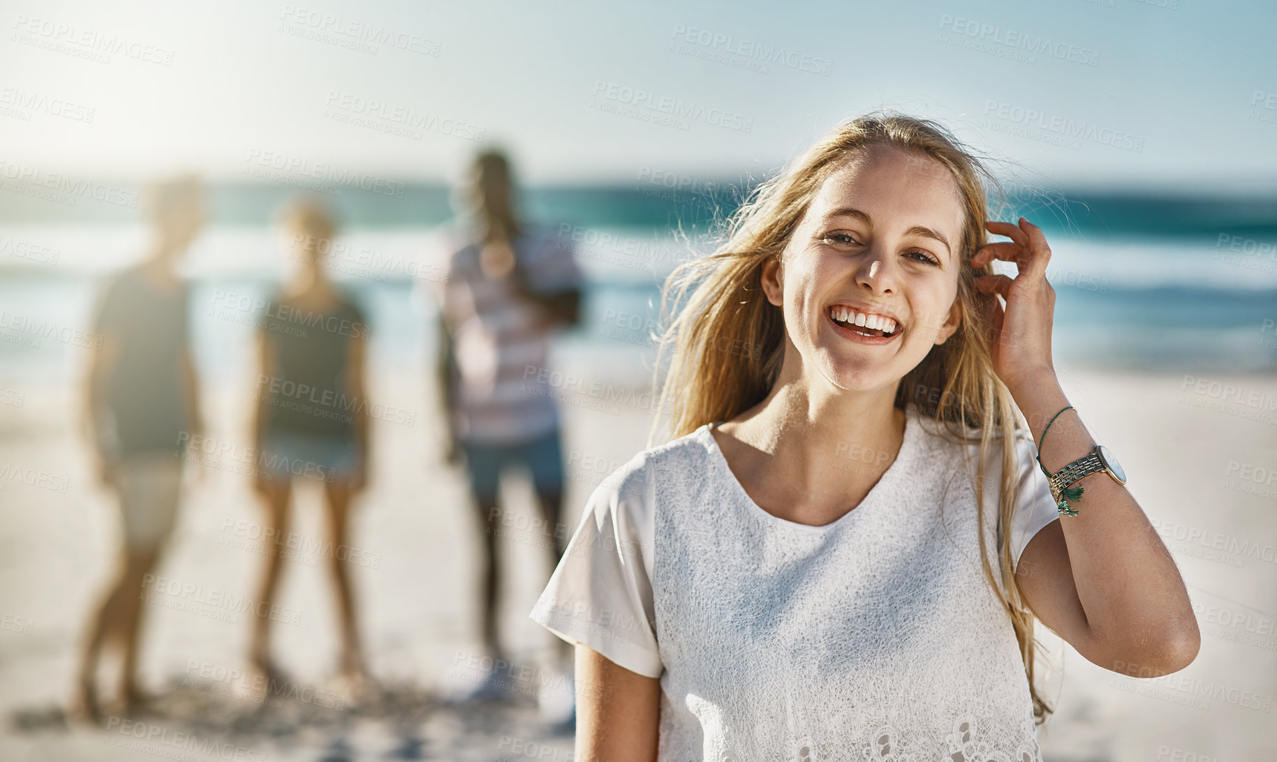 Buy stock photo Happy, portrait and woman on beach with friends for holiday, travel or vacation in summer together. Nature, relax and smile with person laughing on tropical island coast for bonding or picnic