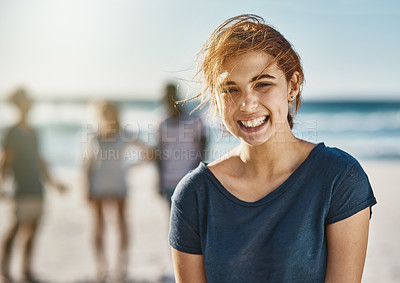 Buy stock photo Portrait, wind and woman on beach with friends for holiday, travel or vacation in summer together. Nature, relax and smile with happy person in breeze on tropical island coast for bonding or sea