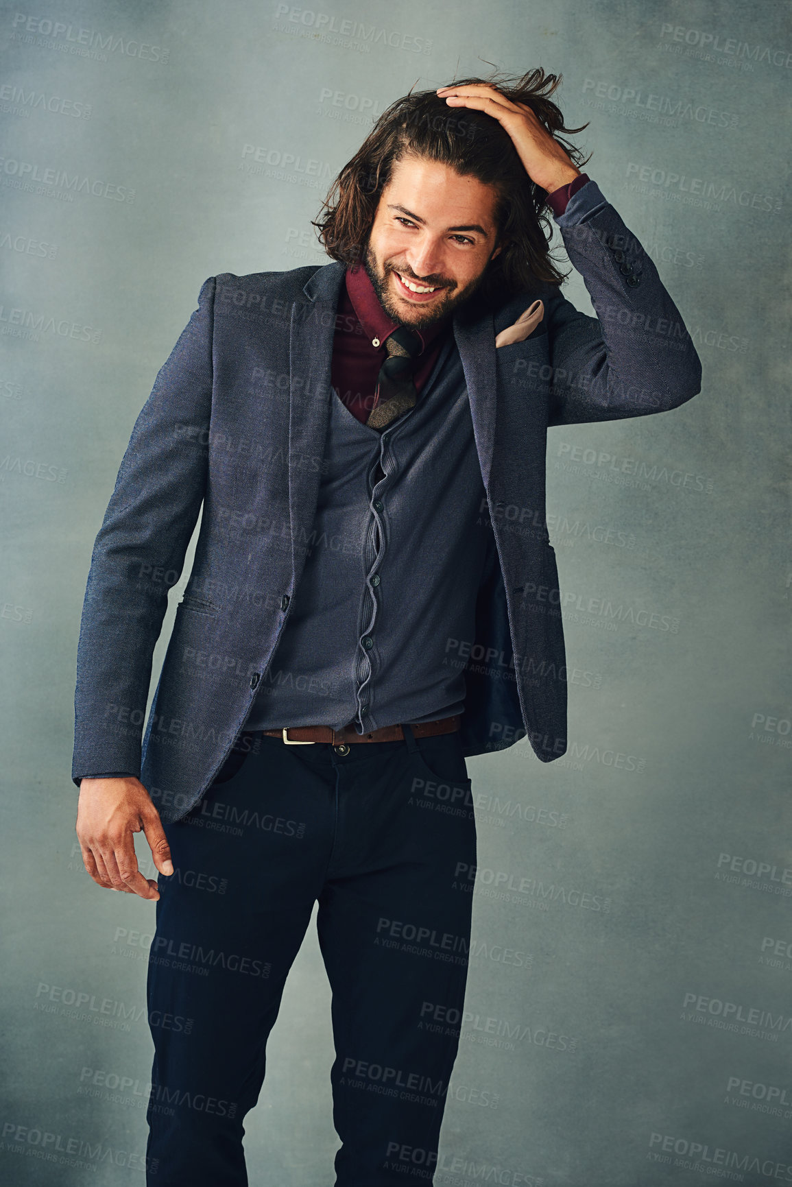 Buy stock photo Hair, happy man and thinking of fashion in suit with confidence in studio isolated on background. Trendy, hairstyle or person in formal clothes with idea, grooming or prepare stylish outfit for event