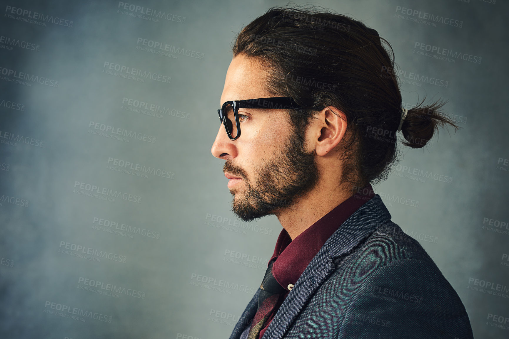 Buy stock photo Face, mockup and thinking with profile of man on studio gray background for vision or planning. Fashion, glasses and space with confident business person in suit for contemplation or problem solving