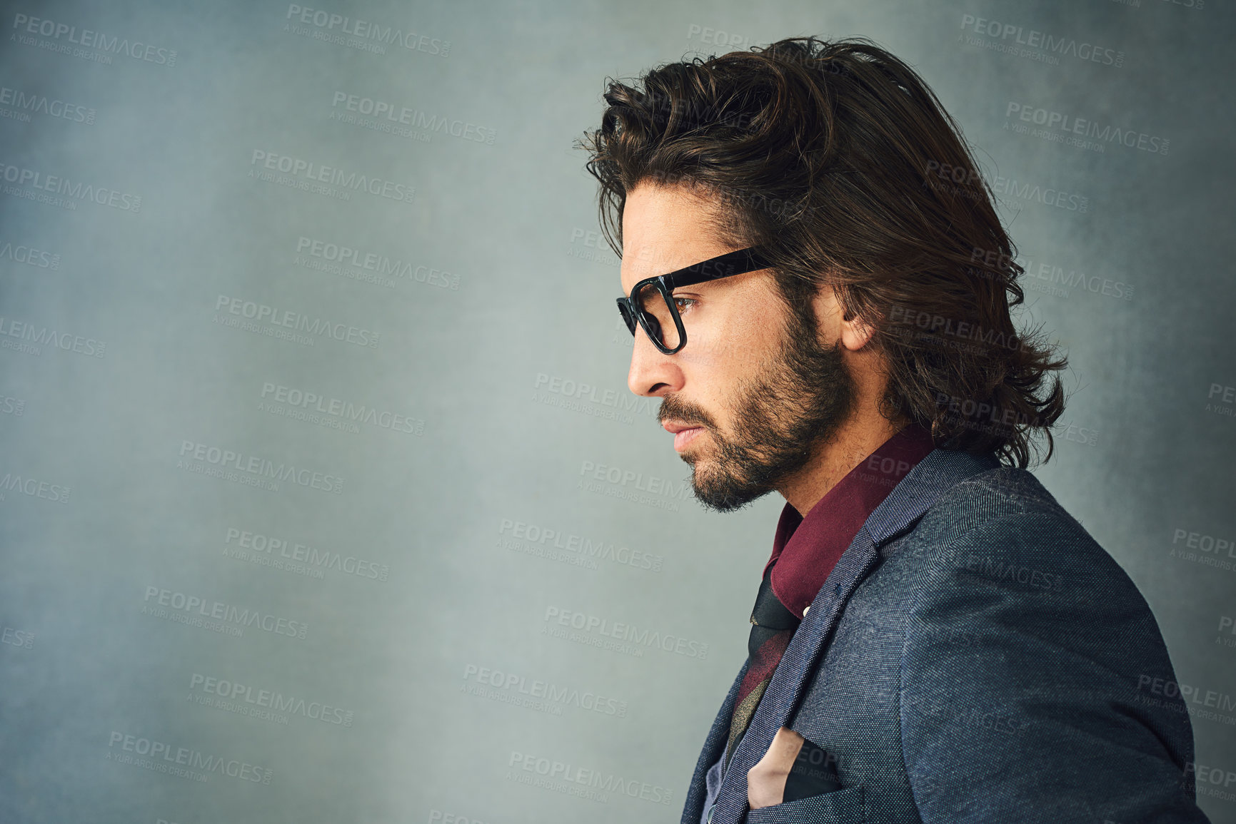 Buy stock photo Face, fashion and profile with man on studio gray background with space for professional worker. Glasses, mockup and thinking with business person in suit for contemplation or problem solving