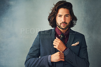 Buy stock photo Man, pride and portrait in suit with background, elegance and confidence for style, clothes and design. Fashion designer, face and serious with blazer and creative for trendy, classy and aesthetic