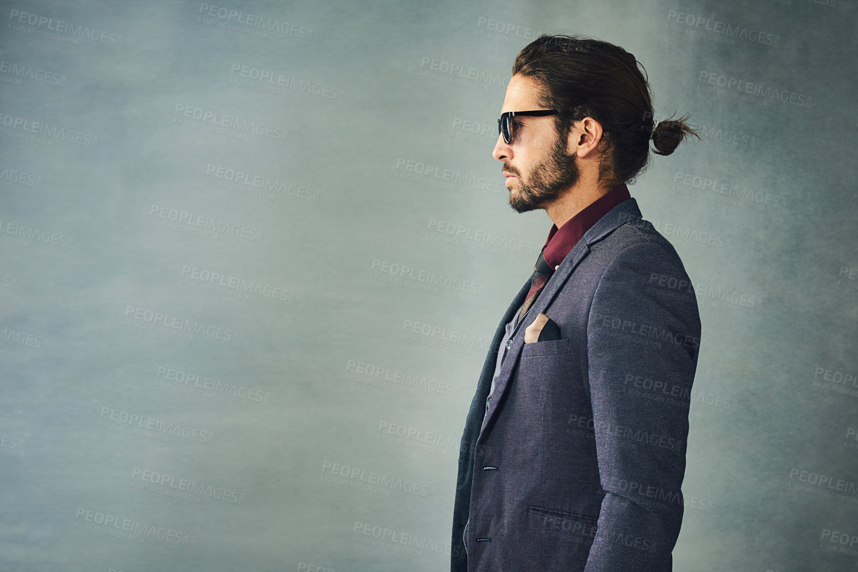 Buy stock photo Studio, profile and man in suit for fashion, vintage or retro style with confident for gala. Male model, elegant or formal outfit for gentleman with designer eyewear, pride and gray background