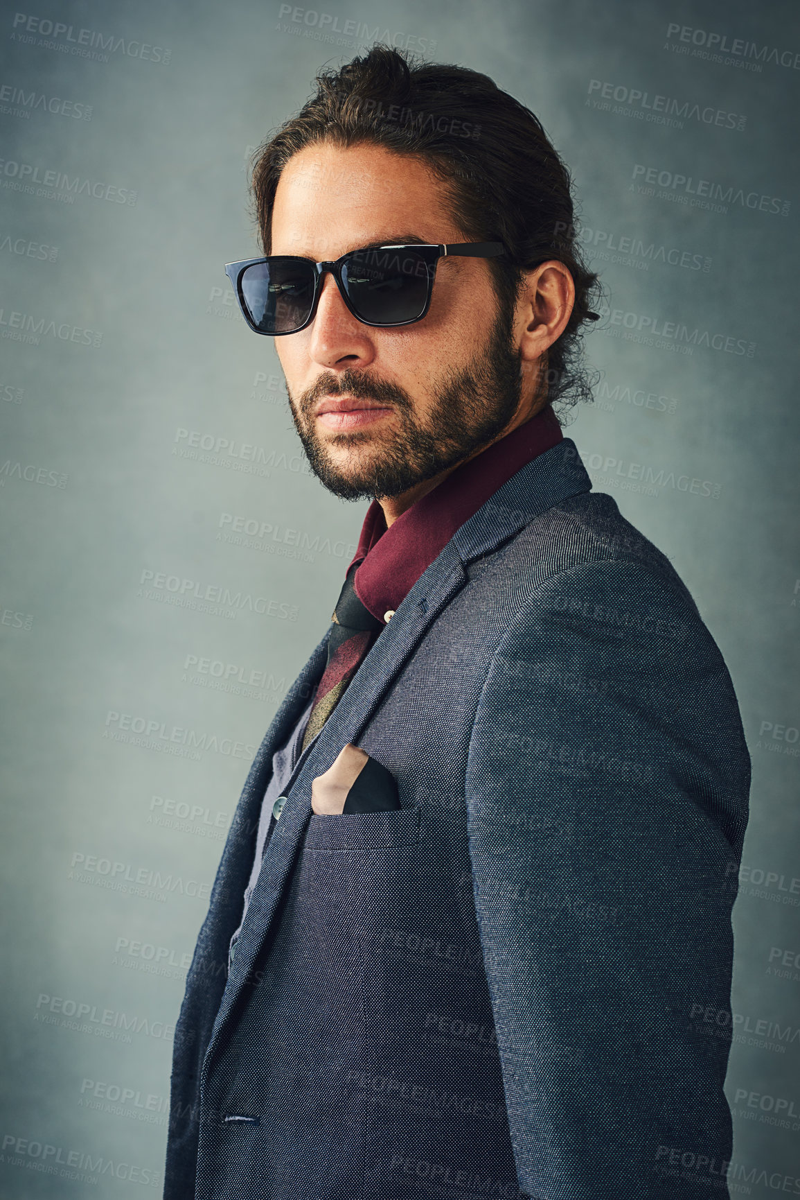 Buy stock photo Studio, portrait and man with sunglasses for fashion, vintage or retro style with confidence for meet gala. Male model, elegant or formal suit for gentleman with accessory, pride or gray background