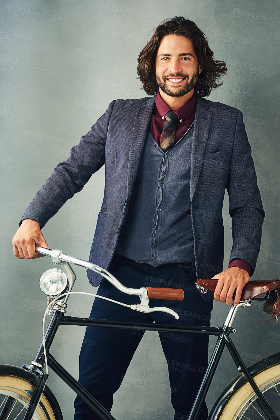 Buy stock photo Man, suit and bicycle for business in studio, eco friendly travel and smiling on background for work. Confident, happy and transportation with stylish fashion, model and entrepreneur on backdrop