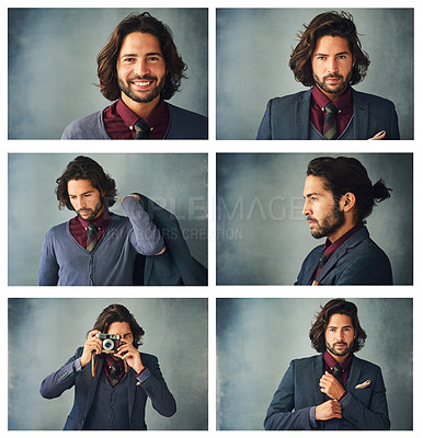 Buy stock photo Composite studio shots of a stylishly dressed handsome young man