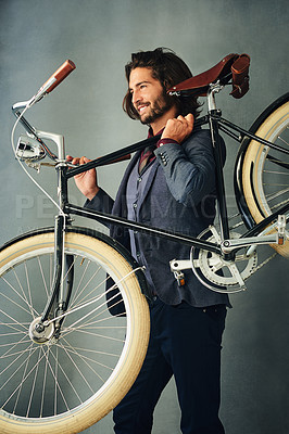 Buy stock photo Business, man and bike to travel, eco friendly and transportation on grey studio background. Person, employee and agent with bicycle, environment and cyclist with sustainability or carbon footprint