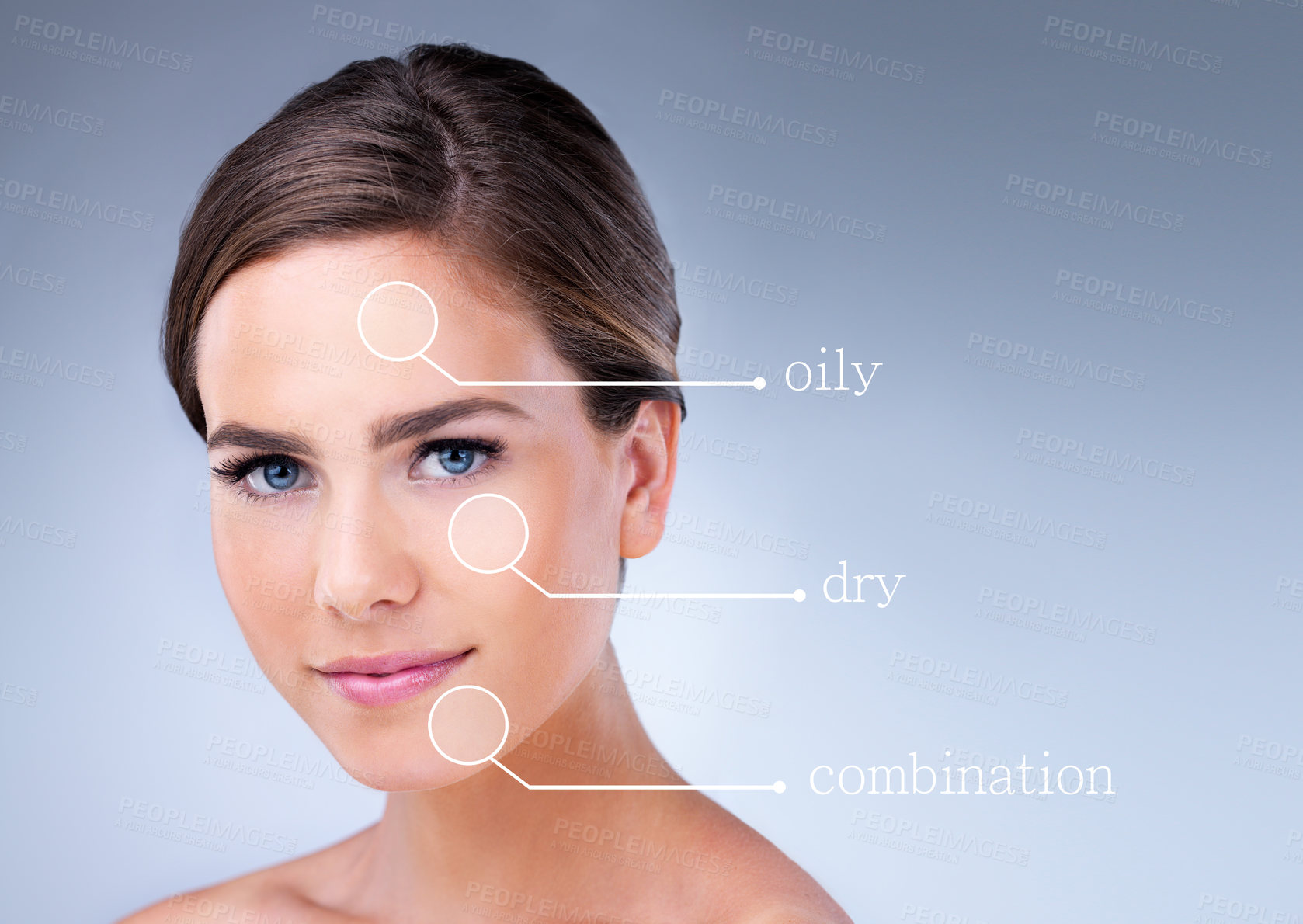 Buy stock photo Beauty, portrait and skincare with natural woman on studio gray background for cosmetic treatment. Aesthetic, dermatology or infographic and face of confident model with skin type analysis for repair