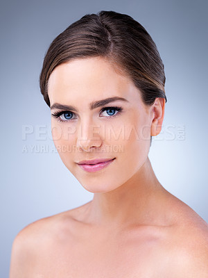 Buy stock photo Beauty, cosmetics and makeup with portrait of woman in studio on white background for dermatology. Aesthetic, facial and skincare with confident model at spa for anti aging or vitamin c treatment