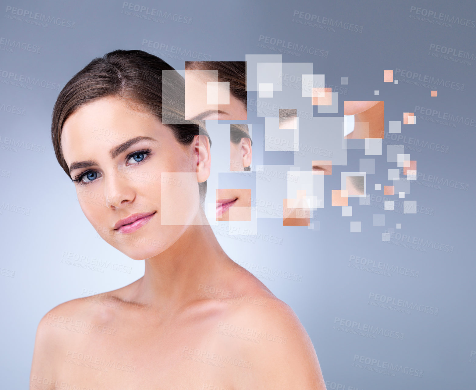 Buy stock photo Skincare, beauty overlay and woman portrait on gray background for cosmetic, breakdown and texture. Dermatology, spa and girl with pixel for facial care, anti aging treatment plan and omega 3