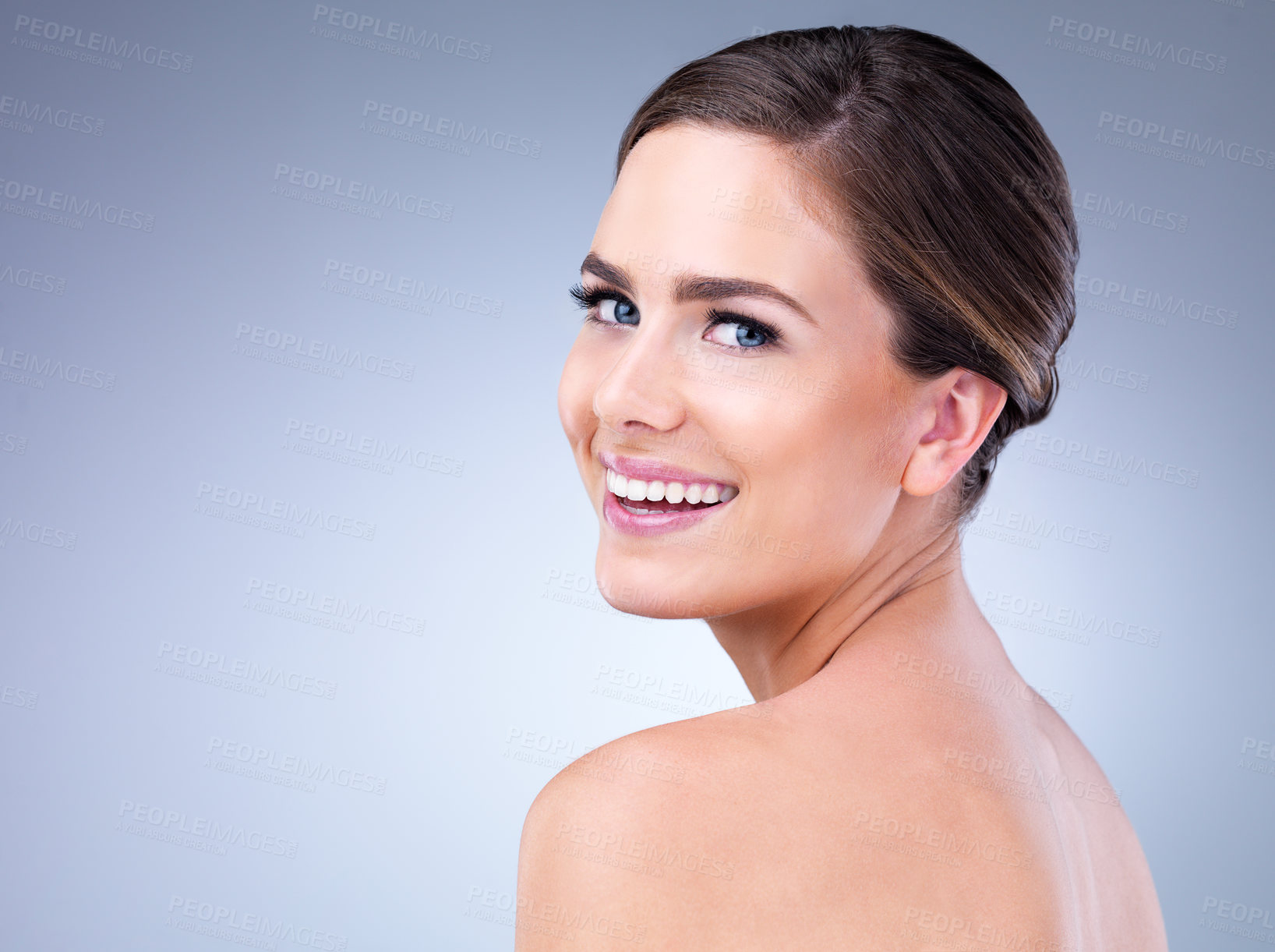 Buy stock photo Skincare, happy woman or portrait in studio for glow, natural beauty or cosmetics on grey background. Proud, vitamin c and elegant model with shine, facial hydration treatment or dermatology results 