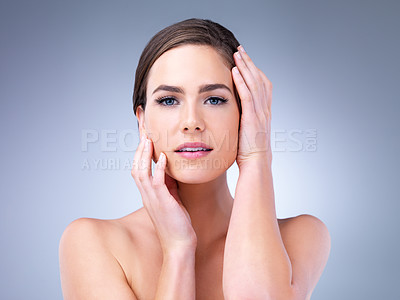 Buy stock photo Skincare, clean woman or portrait in studio for glow, natural beauty or cosmetics on white background. Proud, vitamin c or aesthetic model with clear, facial hydration treatment or nourishing results