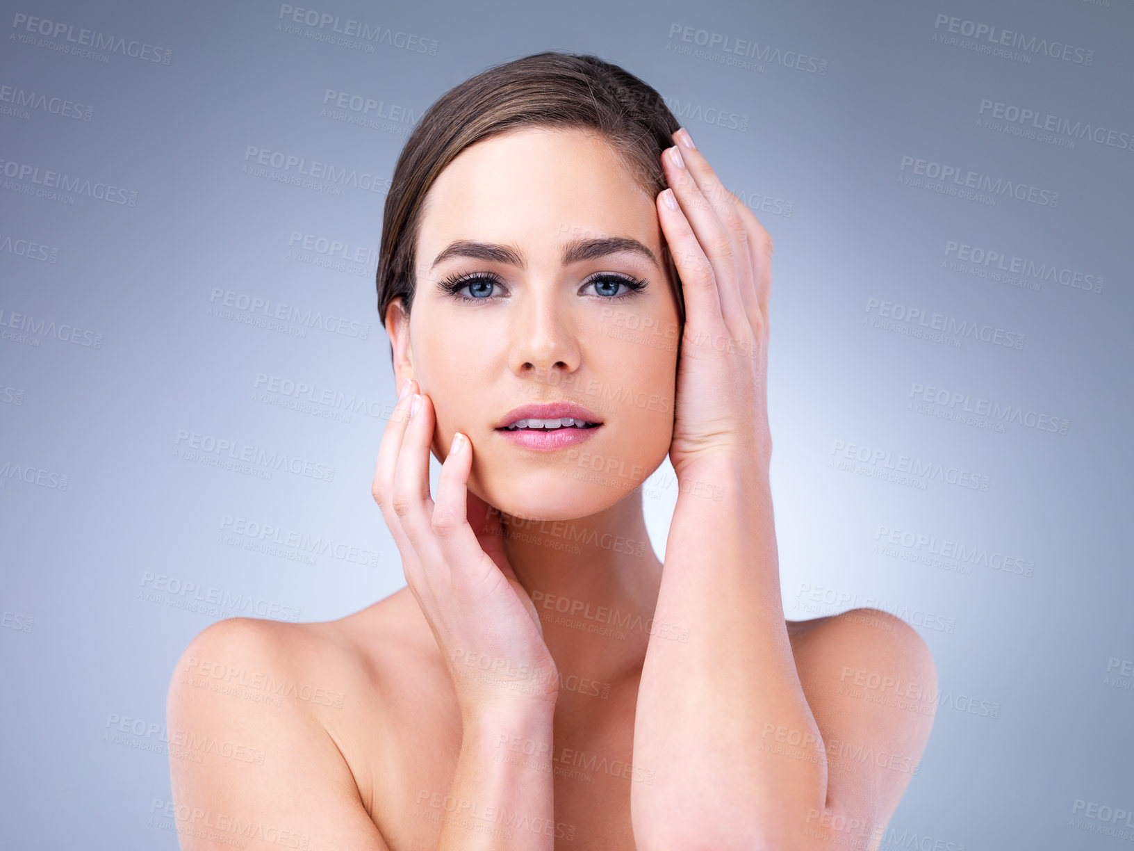 Buy stock photo Skincare, clean woman or portrait in studio for glow, natural beauty or cosmetics on white background. Proud, vitamin c or aesthetic model with clear, facial hydration treatment or nourishing results