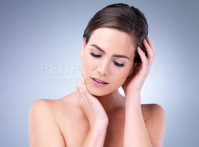 Buy stock photo Skincare, night or woman in studio for beauty for body glow, wellness or cosmetics on grey background. Relax, sleeping or classy girl with vitamin c, facial hydration treatment or dermatology results