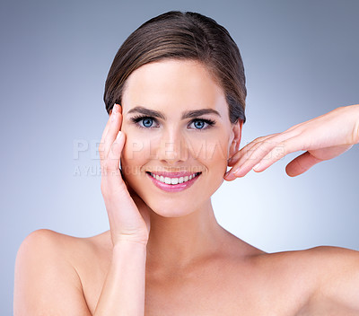 Buy stock photo Portrait, woman and skincare with cosmetology, beauty and wellness for dermatology in studio backdrop. Female person, healthy skin and cosmetics in blue background for anti aging, collagen and glow