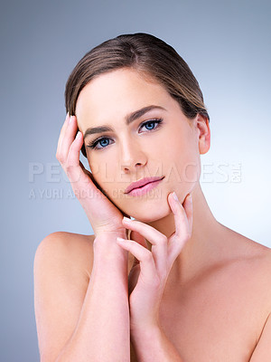 Buy stock photo Aesthetic, woman and portrait for skincare in studio on grey background with smooth face, glow or natural shine. Facial, proud model or elegant person with cosmetics, beauty or transformation results