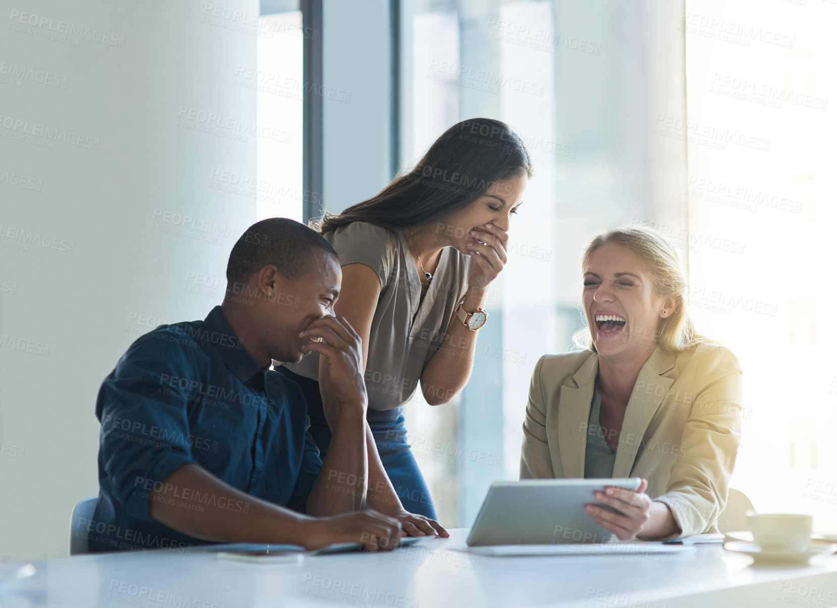 Buy stock photo Business people, tablet and laughing in office together for partnership, networking and deal. Teamwork, welcome and employees with technology and coffee for b2b, meeting or onboarding interview