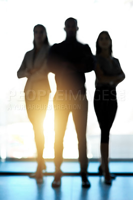 Buy stock photo Silhouette of a group of confident businesspeople standing together in an office