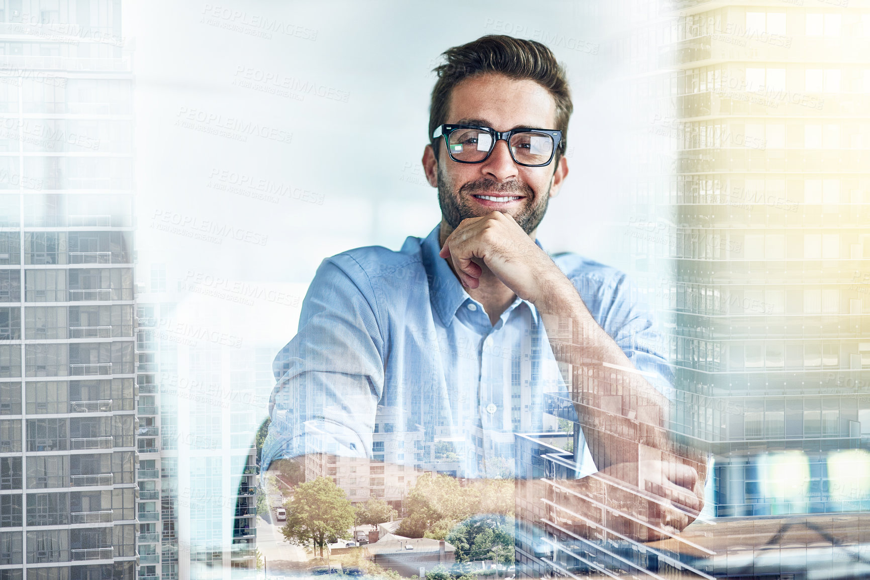 Buy stock photo Multiple exposure shot of a mature businessman sitting at his office desk superimposed over a cityscape