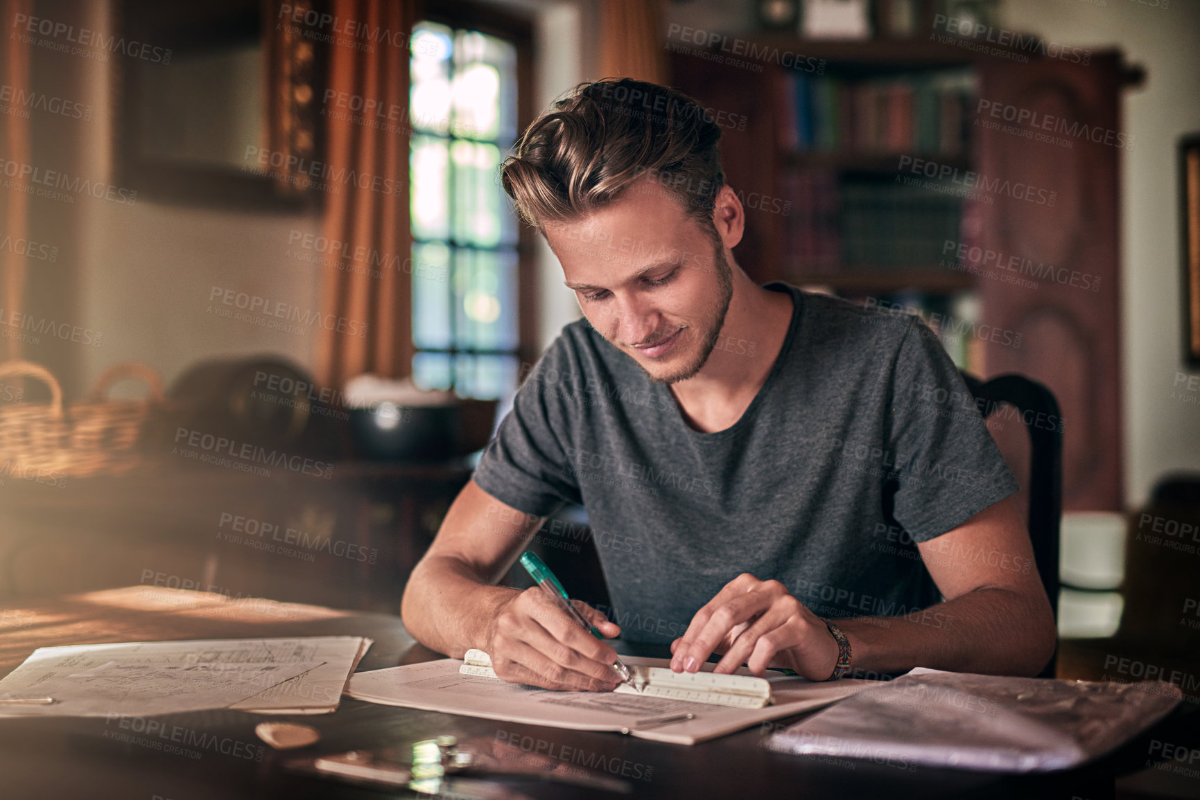 Buy stock photo Sketch, blueprint and architect planning a project in home office with ideas for creative remote work. Architecture, writing and notes for floor plan, design and inspiration for future or house