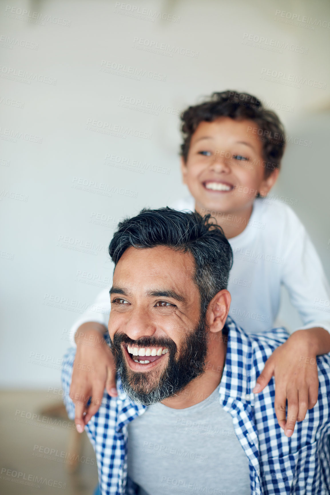 Buy stock photo Family, piggy back and father with child in home for bonding, love and relationship in living room. Parents, happy and dad with young boy in house for playing, childhood and relaxing on weekend