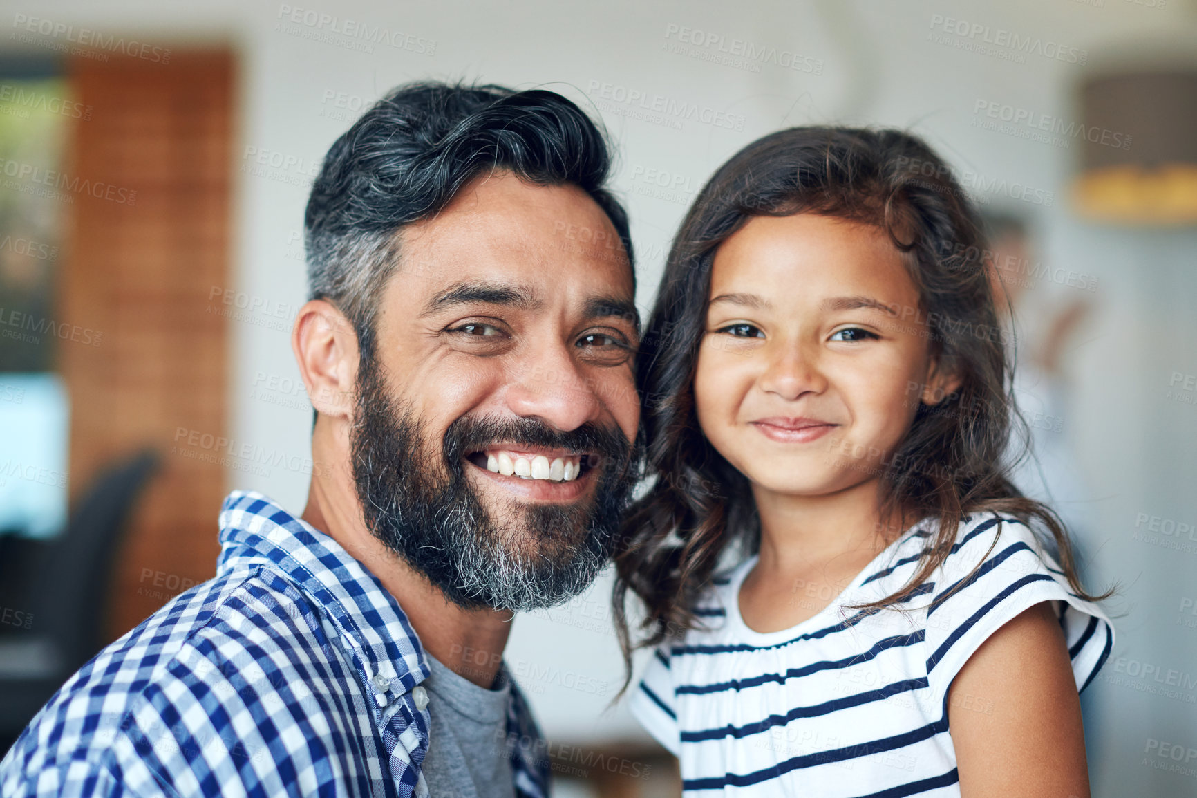 Buy stock photo Happy, family and smile portrait with child and dad together with fun and bonding in a new home. Support, father and kid with youth, solidarity and lounge with proud man and care in house with love