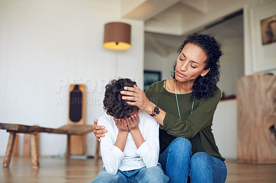 Buy stock photo Empathy, sad and family child, mother or woman comfort crying kid over bullying problem, home depression or youth crisis. Mental health, unhappy and mom with support for young son with emotional pain