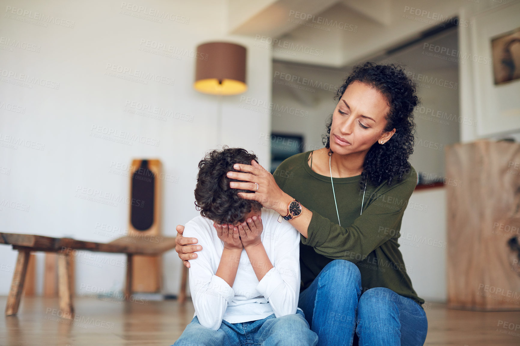 Buy stock photo Empathy, sad and family child, mother or woman comfort crying kid over bullying problem, home depression or youth crisis. Mental health, unhappy and mom with support for young son with emotional pain