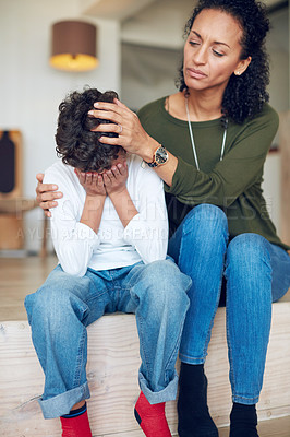 Buy stock photo Sad, depression and a mother with crying child together in stairs for comfort, love and support. Depressed, empathy and anxiety or mental health problem of a kid with a woman in a family home
