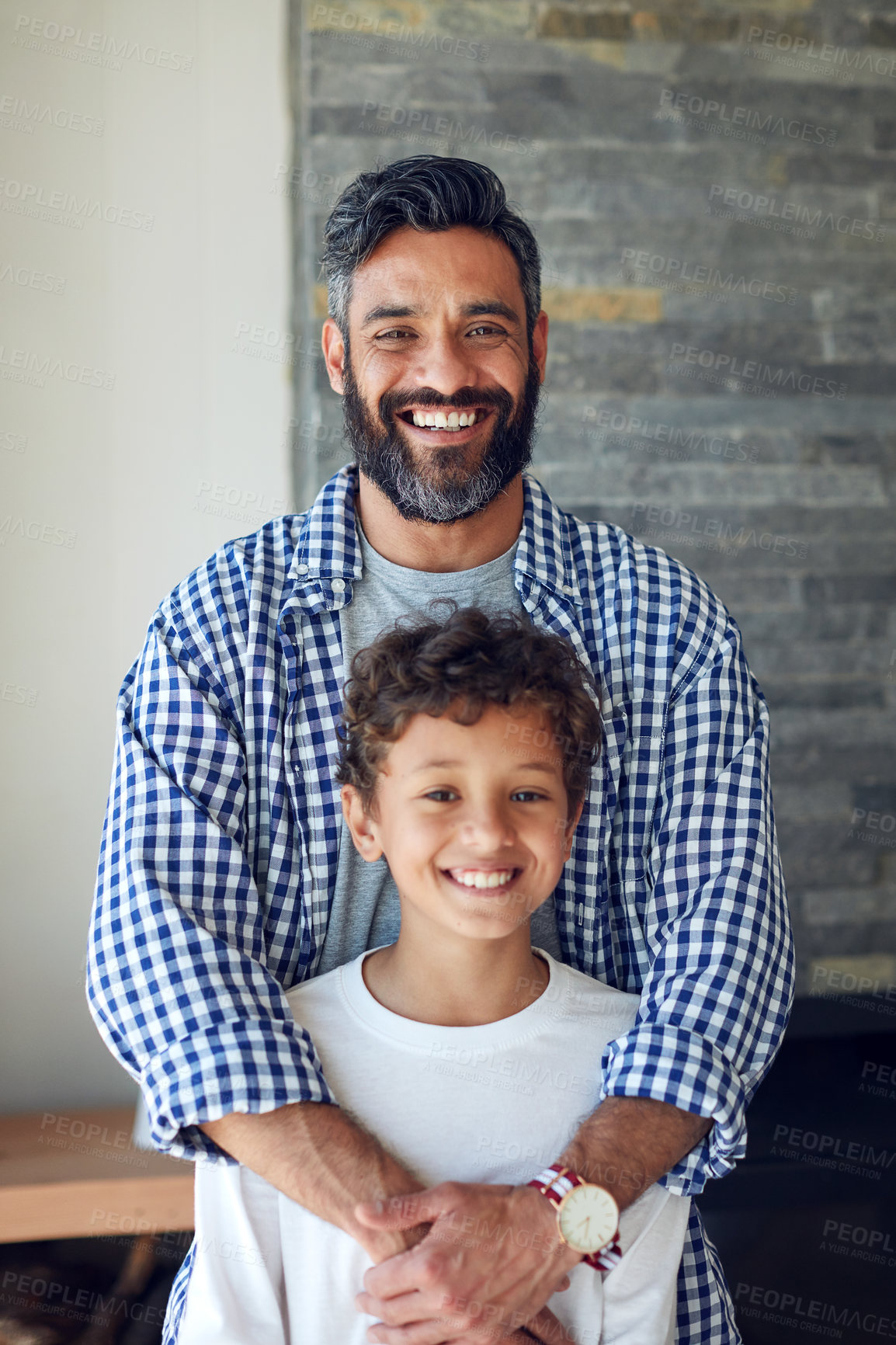 Buy stock photo Happy, family and hug portrait with child and dad together with smile and bonding in a new home. Support, papa and kid with youth, solidarity and lounge with proud man and care in house with love