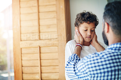 Buy stock photo Depression, sad and care of a father and child together for comfort, love and support or trust. Depressed, empathy and anxiety or mental health problem of a boy kid with man for a talk in family home