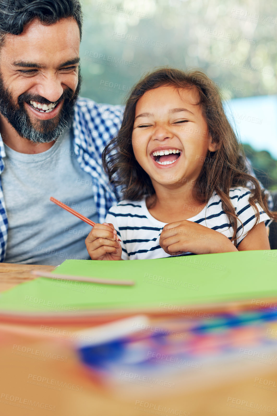 Buy stock photo Happy dad, child and laughing with fun coloring in home for homeschooling or distance learning. Father, daughter or kid with smile, funny joke or humor for writing, tutoring or fine motor in house