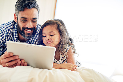 Buy stock photo Father, child and tablet in family home for online games, reading ebook story or educational subscription on mockup. Dad, girl kid and connection on digital technology, web streaming or cartoon media