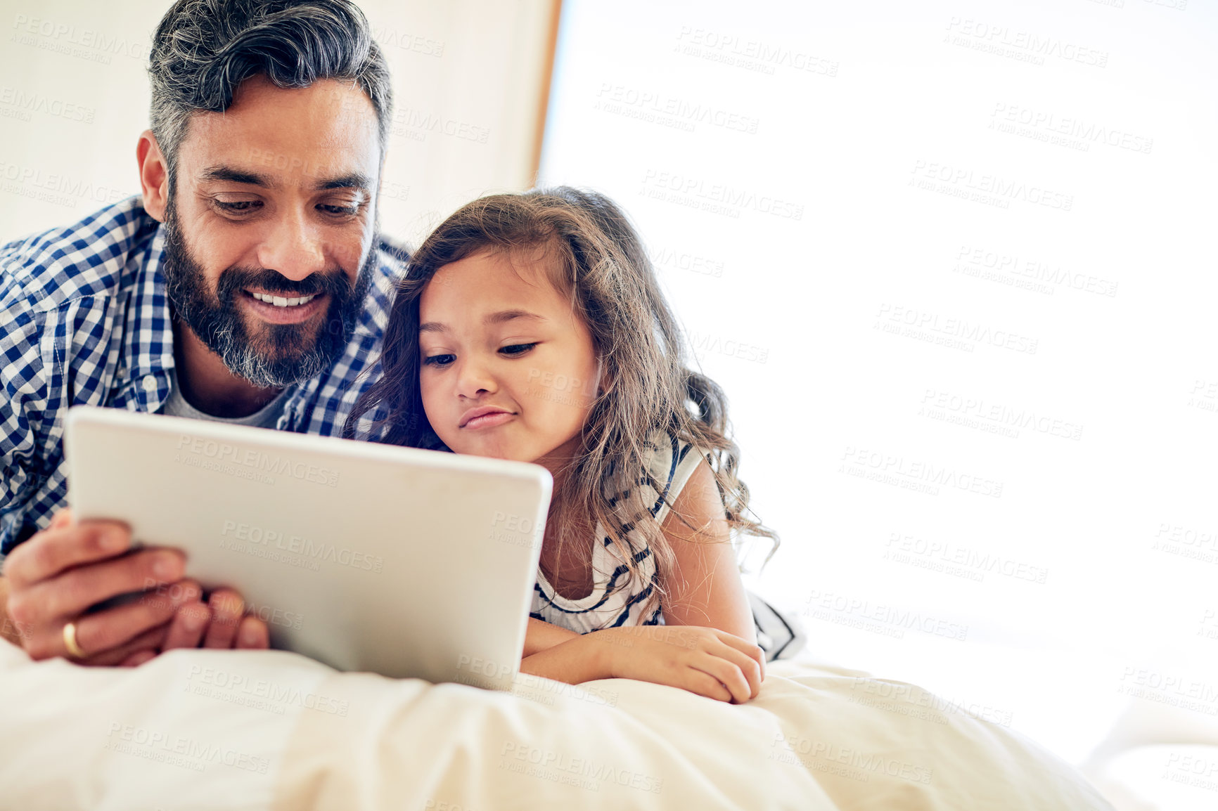 Buy stock photo Father, child and tablet in family home for online games, reading ebook story or educational subscription on mockup. Dad, girl kid and connection on digital technology, web streaming or cartoon media