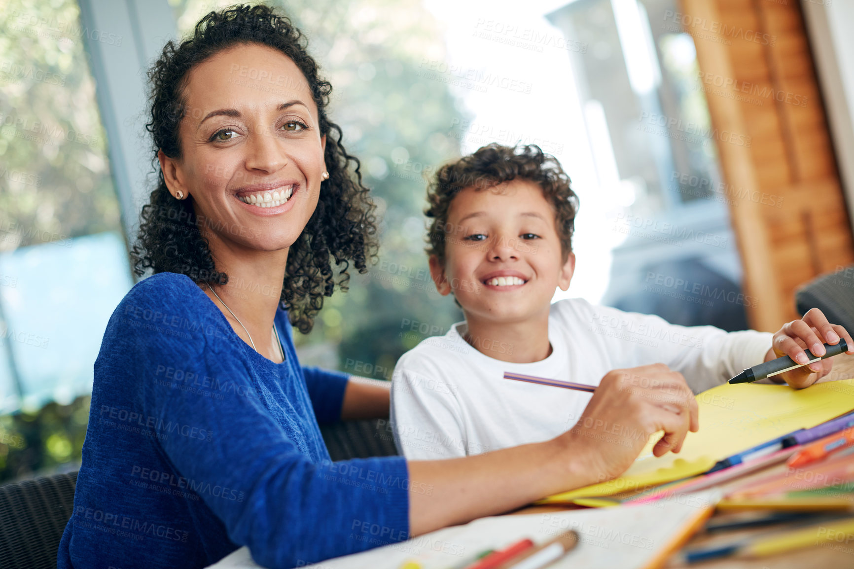 Buy stock photo Smile, mother and son in portrait drawing on paper together for learning, playing and development in home. Happy, woman and boy child with notes for support, education and teaching in house with love