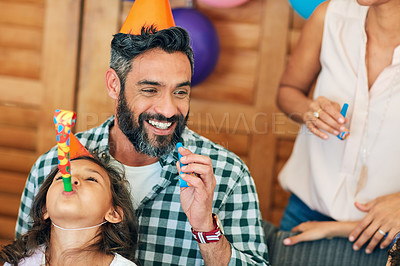 Buy stock photo Portrait of a cute little girl celebrating her birthday with her parents at home