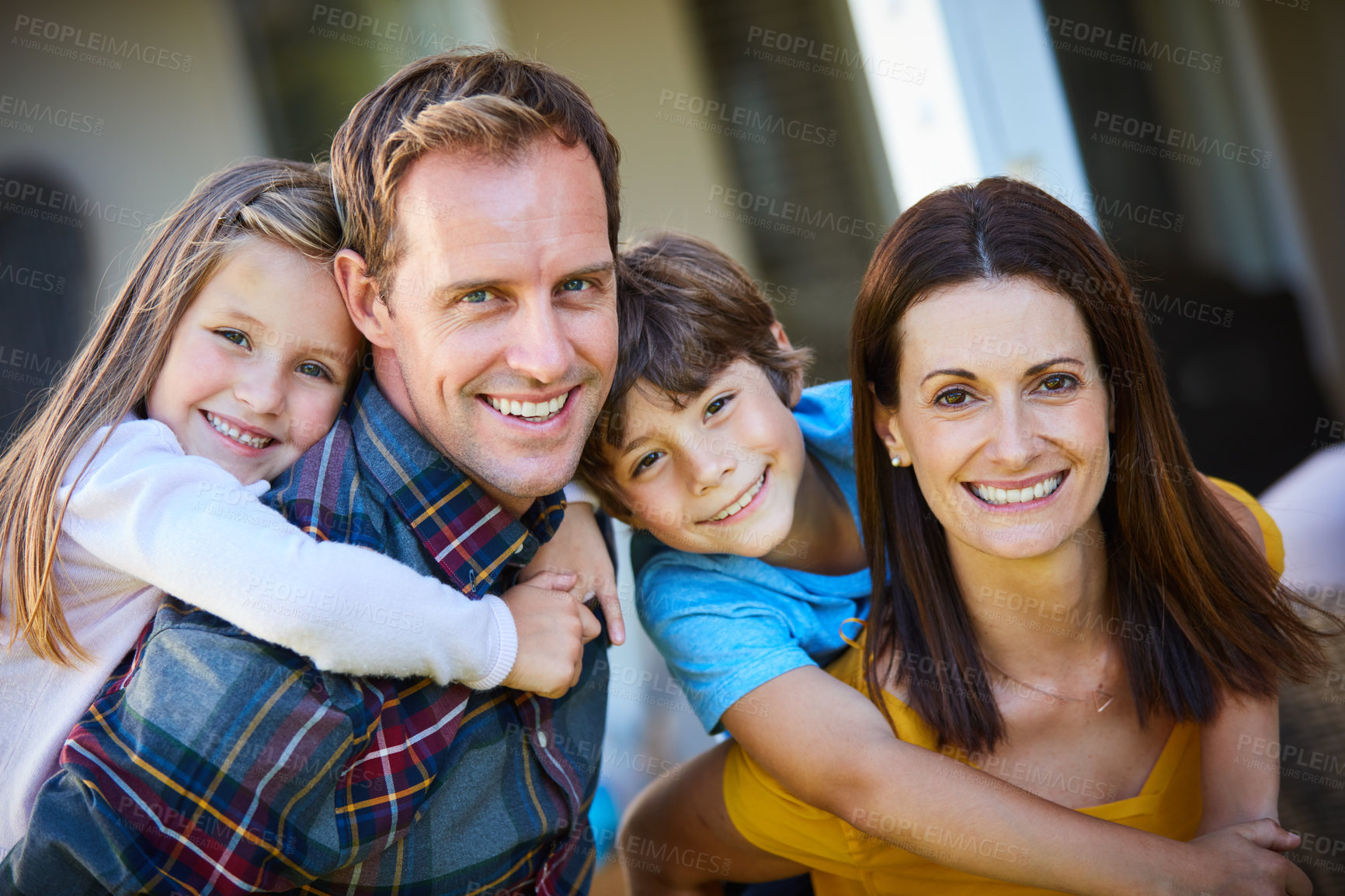 Buy stock photo Smile, piggyback and portrait of family outdoor for bonding, support and connection. Love, happiness and relax with parents and children in backyard of home for care, playful and trust together