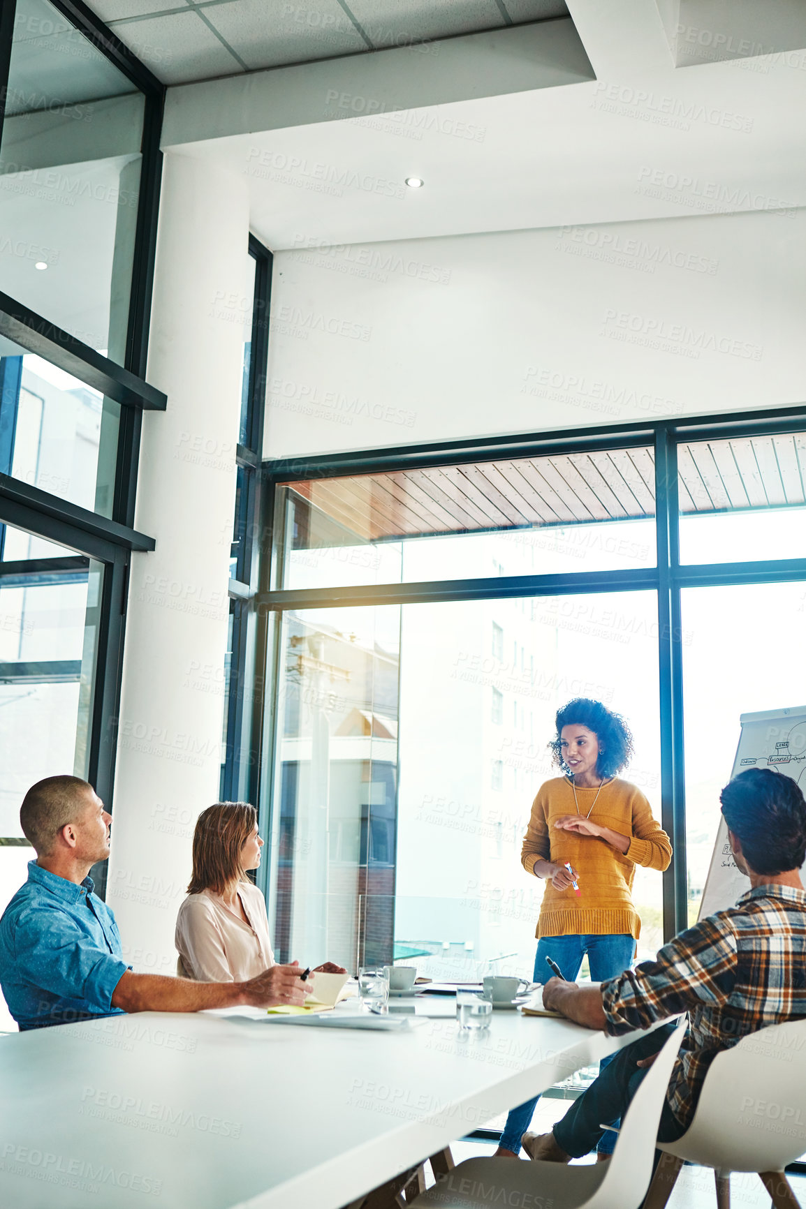 Buy stock photo Business people, woman and presentation in boardroom with speaker for company growth and financial training. Discussion, employee or meeting in conference room with collaboration on corporate project